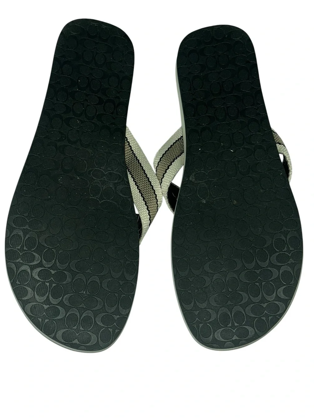 Coach Men's Black Flip Flops with khaki and black Stripe Webbing